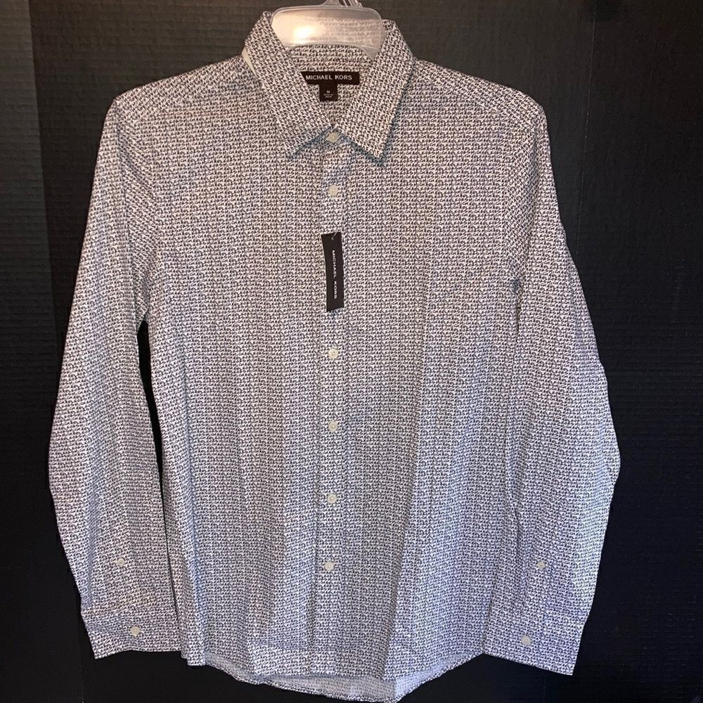 Michael Kors Graphic Logo Mens Long Sleeve Button Down Dress Shirt Size M